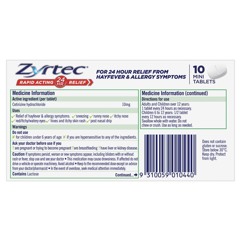 Zyrtec Rapid Acting Allergy Antihistamine & Hayfever Mini Tablets 10 Pack