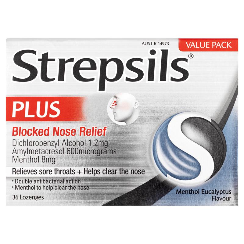 Strepsils Plus Blocked Nose Relief Throat Lozenges Menthol Eucalyptus 36 Pack