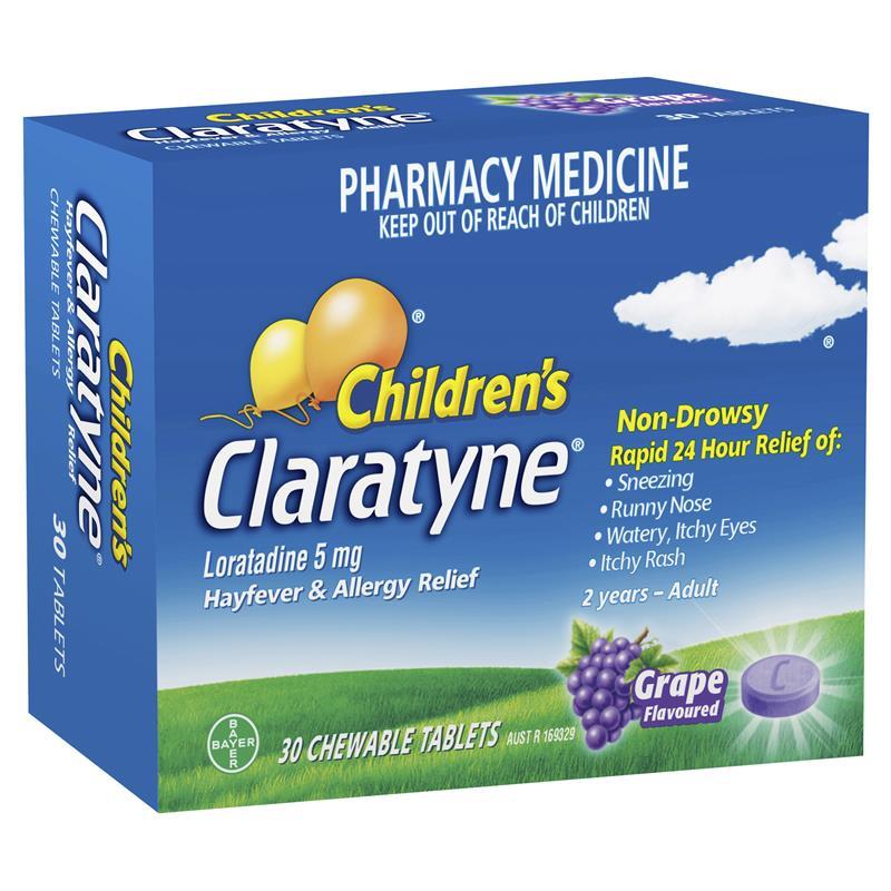 Claratyne Children's Hayfever & Allergy Relief Grape Flavour 30 Chewable Tablets