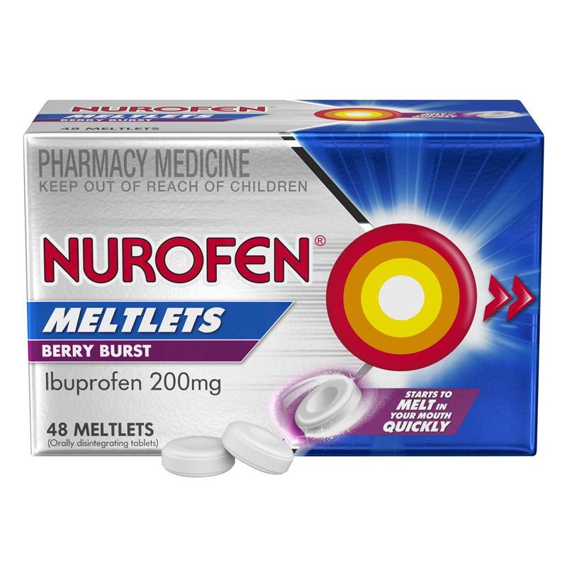 Nurofen Meltlets Pain Relief Berry Burst 200mg Ibuprofen 48 Pack