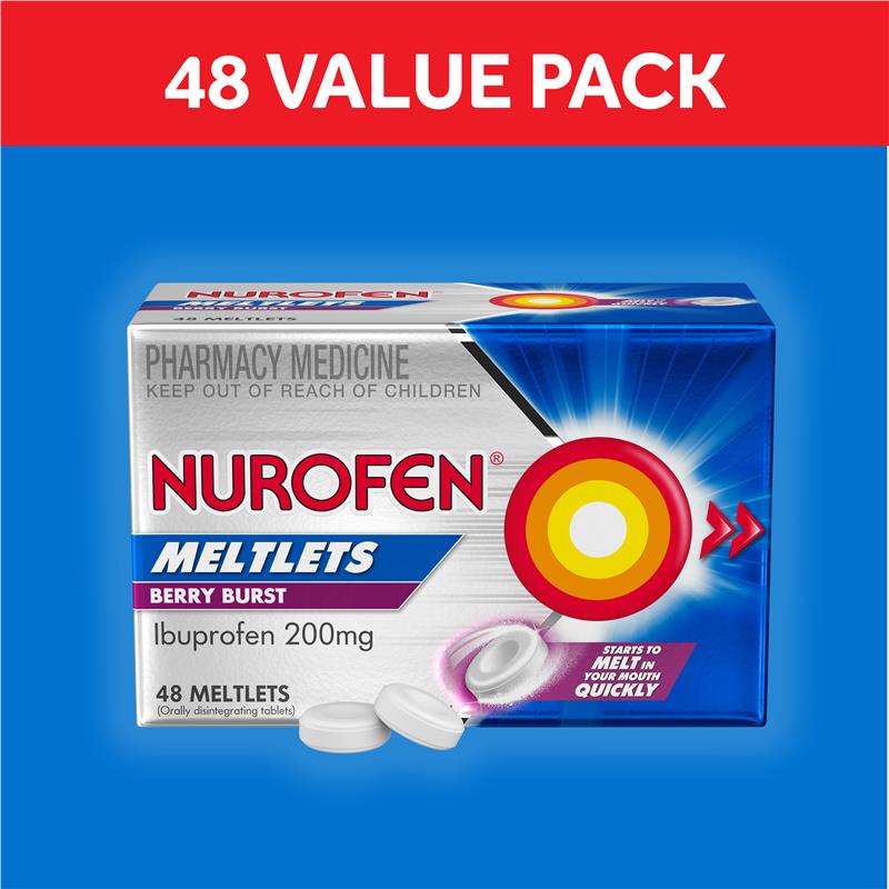 Nurofen Meltlets Pain Relief Berry Burst 200mg Ibuprofen 48 Pack