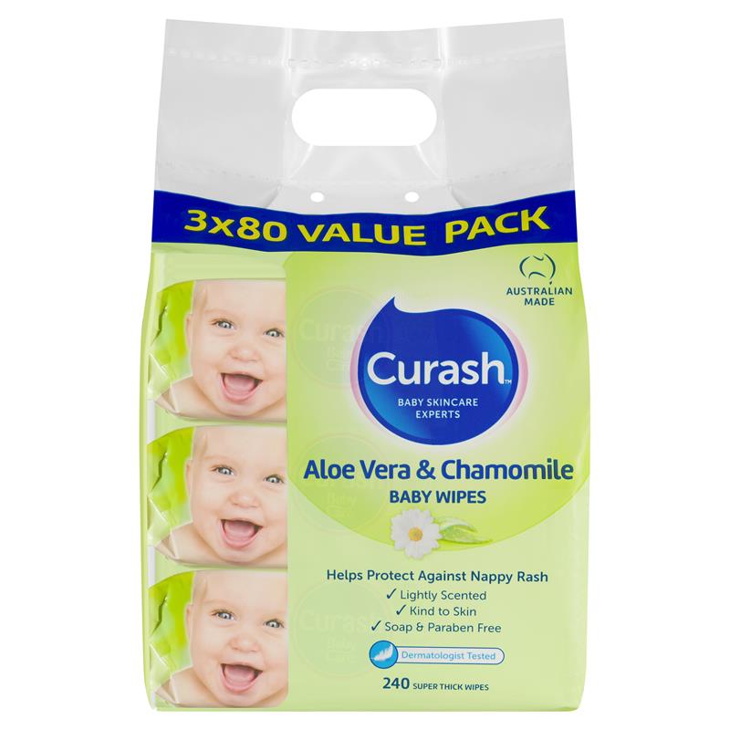 Curash Baby Wipes Aloe Vera & Chamomile 3 x 80pk