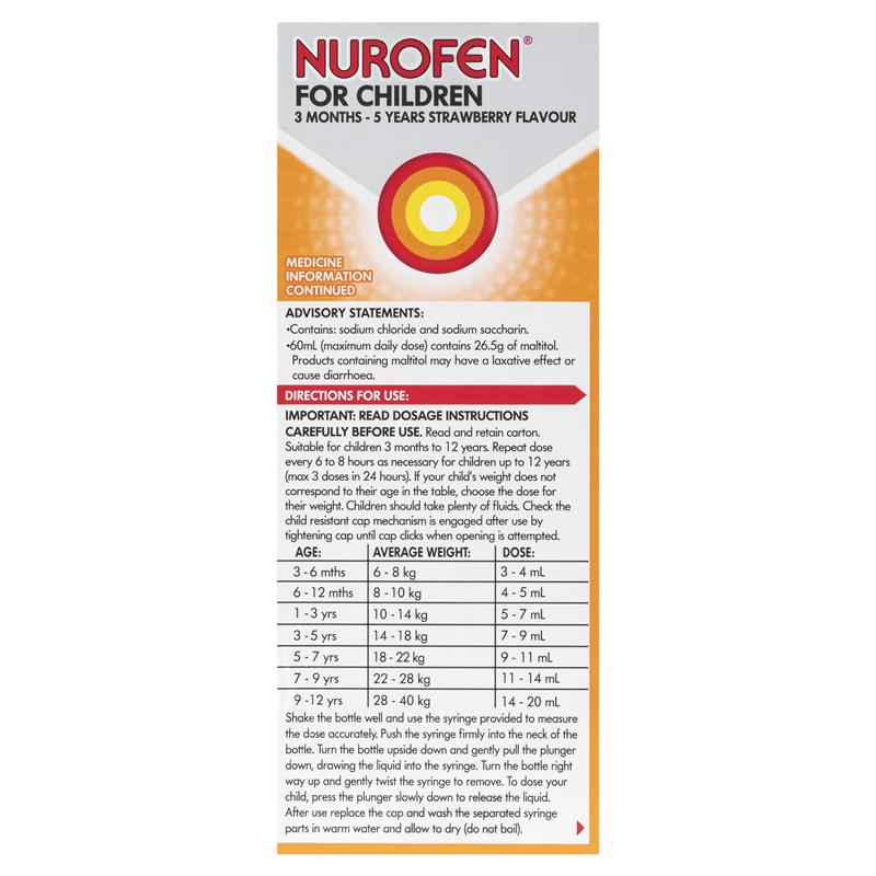 Nurofen For Children 3 Months - 5 Years Pain and Fever Relief Ibuprofen Strawberry 200ml
