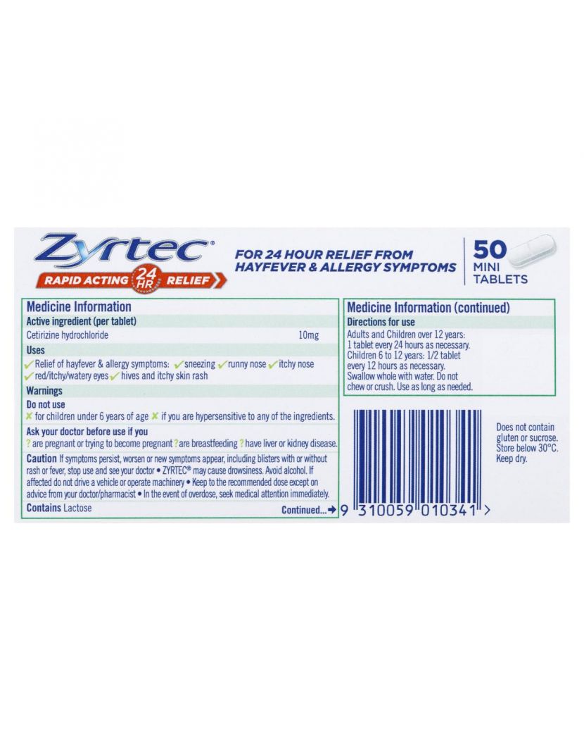 Zyrtec Rapid Acting Allergy Antihistamine & Hayfever Mini Tablets 50 Pack
